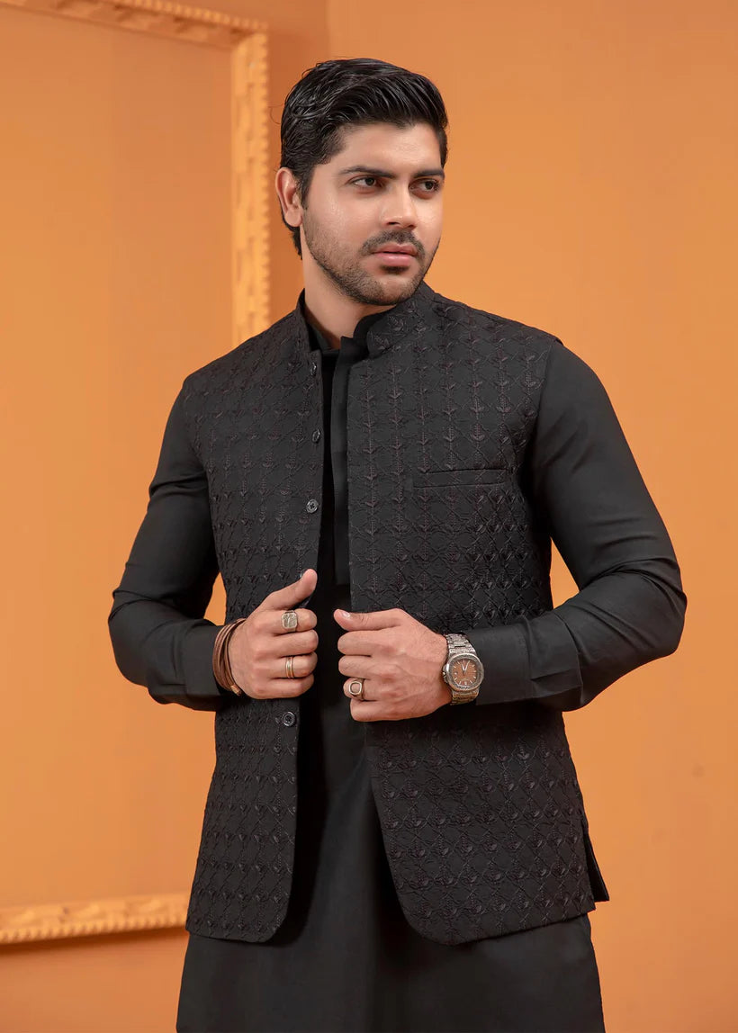 Black Embroidered Wash-&-Wear Waistcoat Kurta (3-Piece) - Image 3