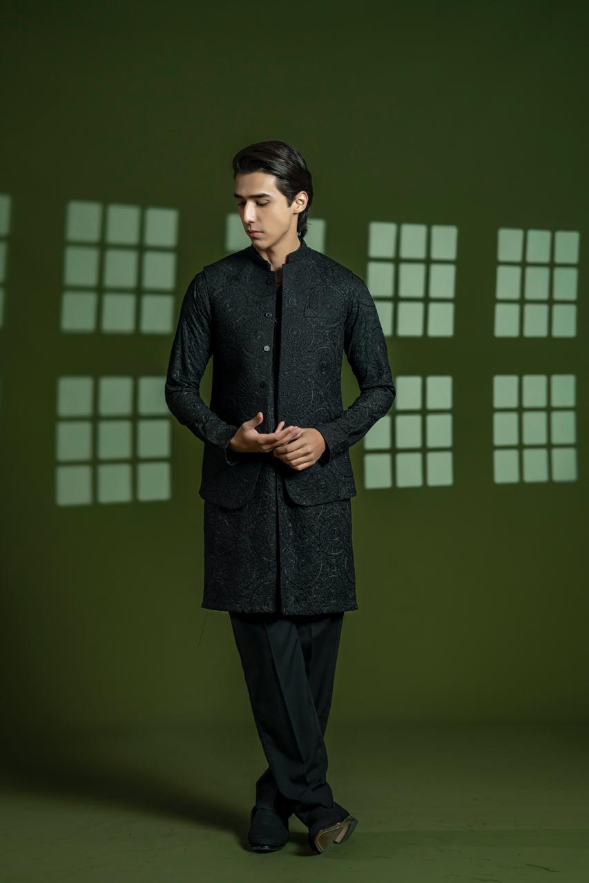 Black Embroidered Wash & Wear Waistcoat Kurta (3-Piece) - Image 3