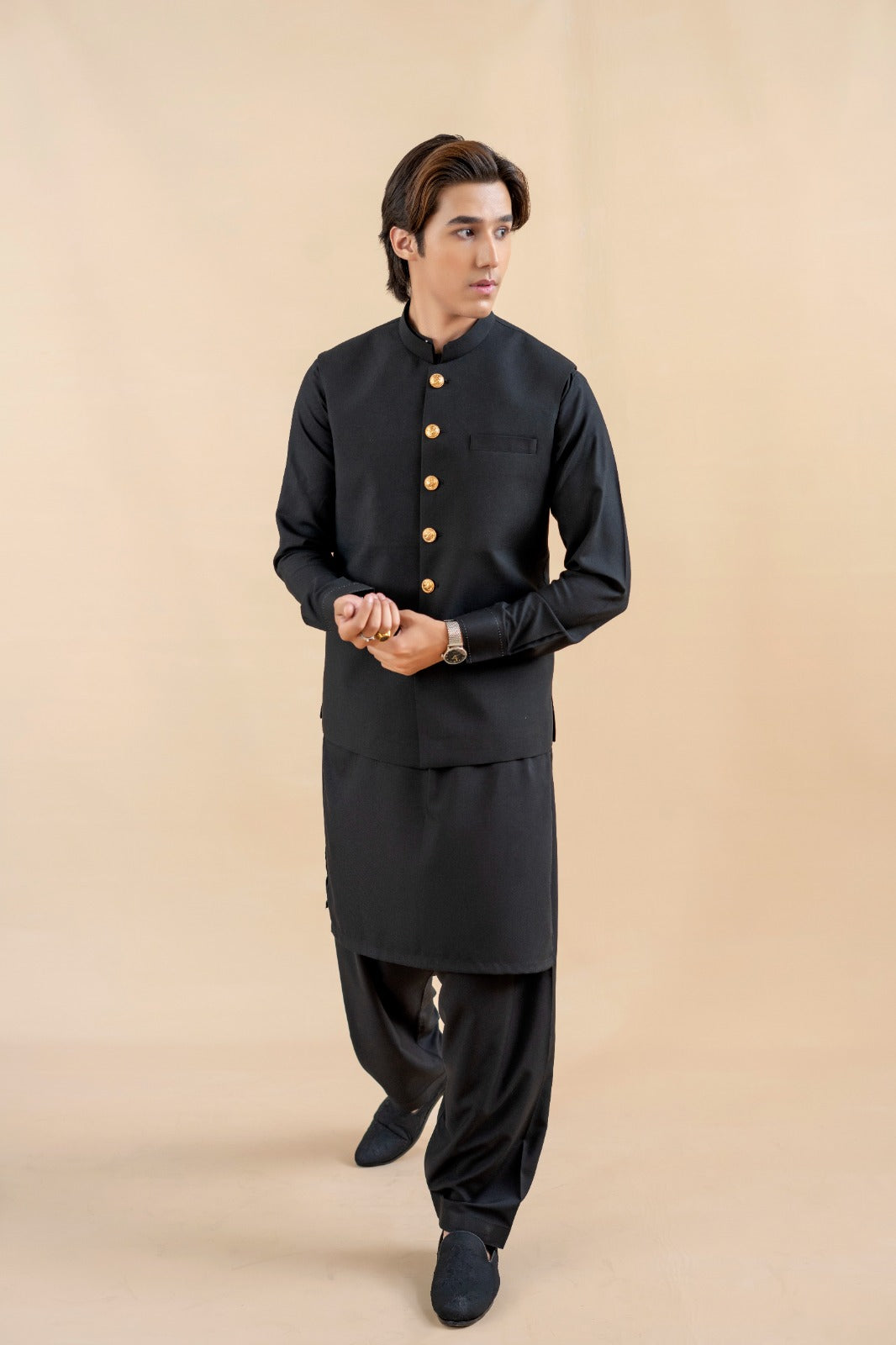 Black Wash & Wear Waistcoat Kurta Set (3-Piece) - Image 1