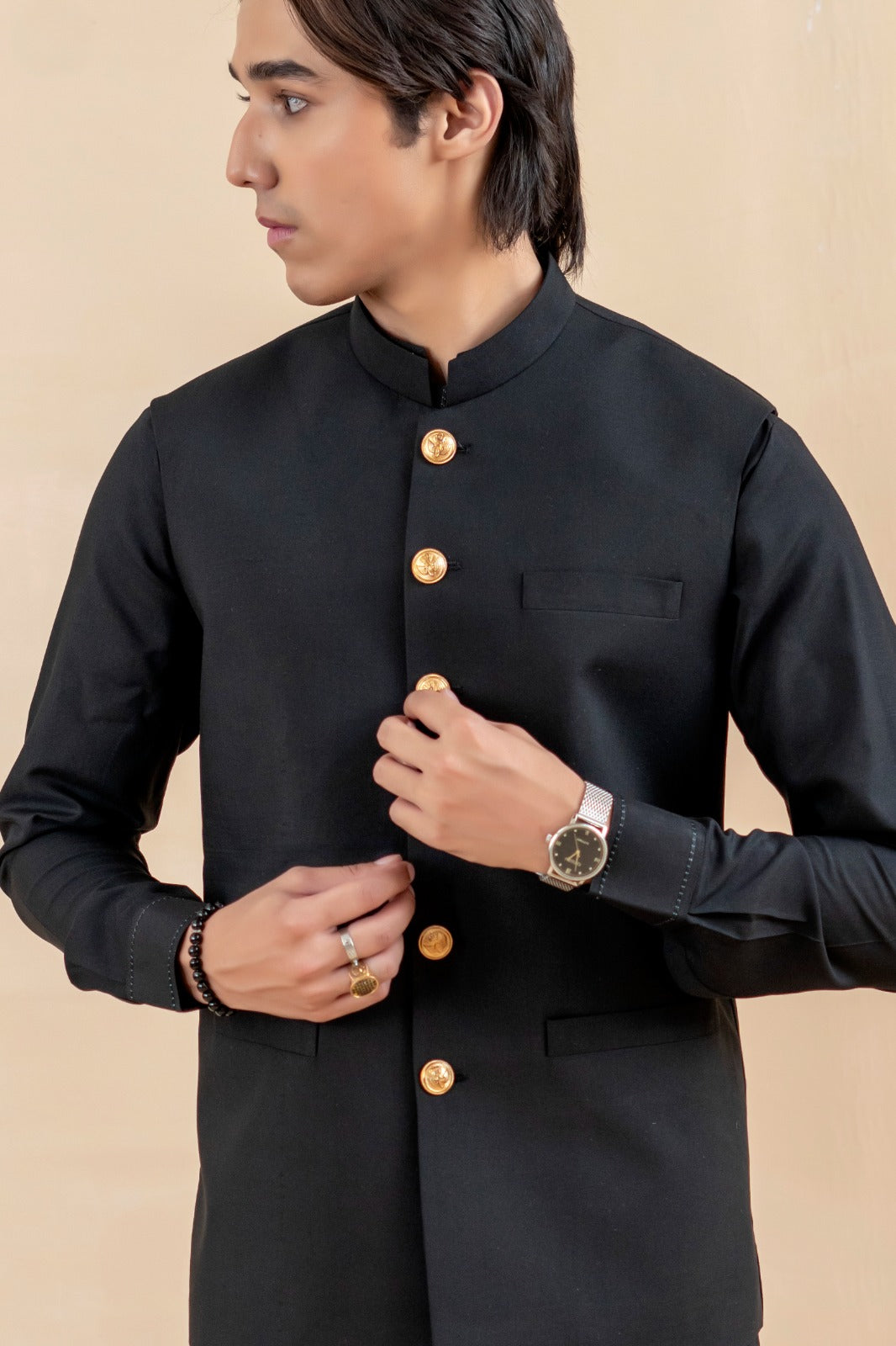 Black Wash & Wear Waistcoat Kurta Set (3-Piece) - Image 3
