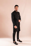 Black Embroidered Wash & Wear Waistcoat Kurta (3-Piece) - Image 2