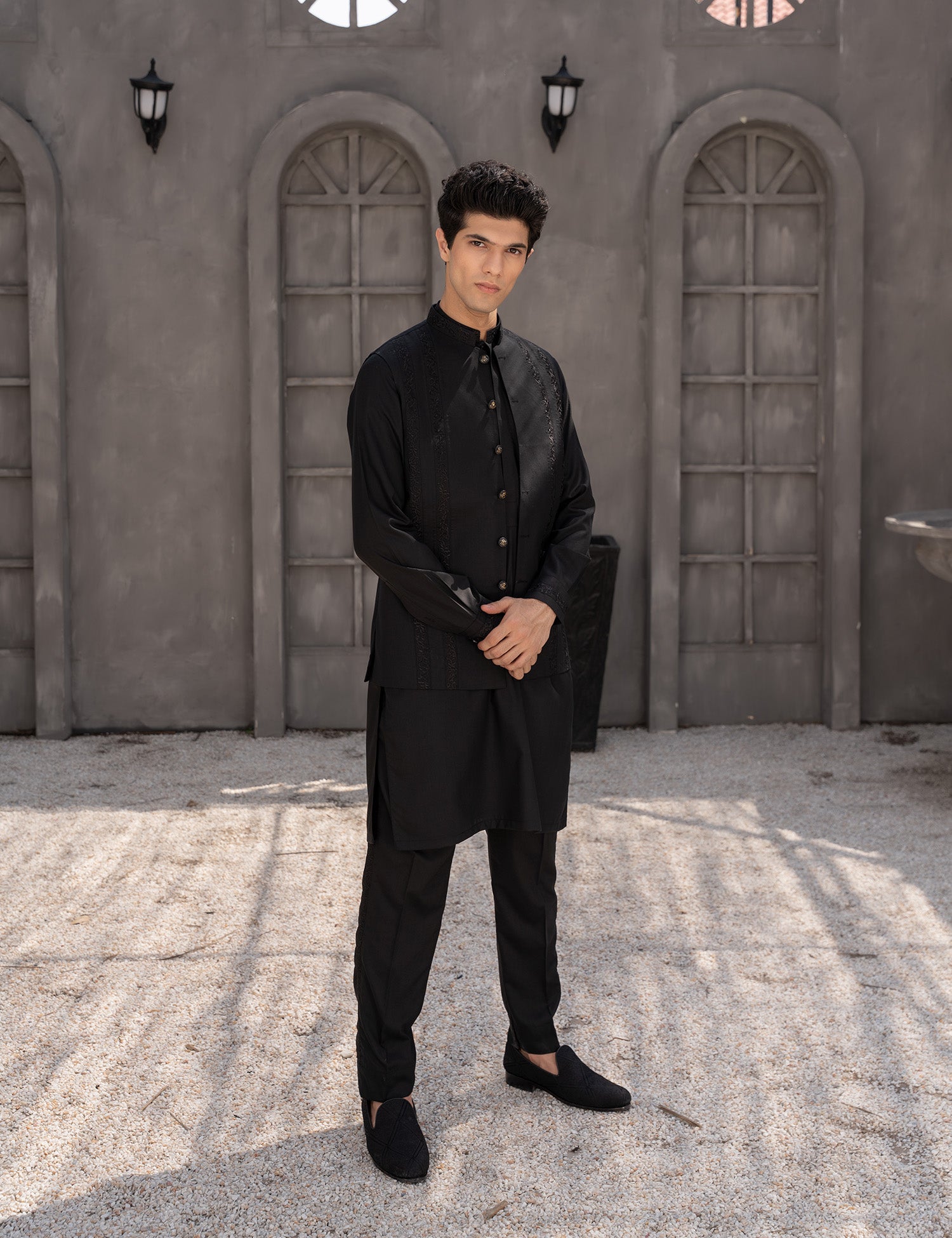 Black Embroidered Wash & Wear Waistcoat Kurta (3-Piece) - Image 1