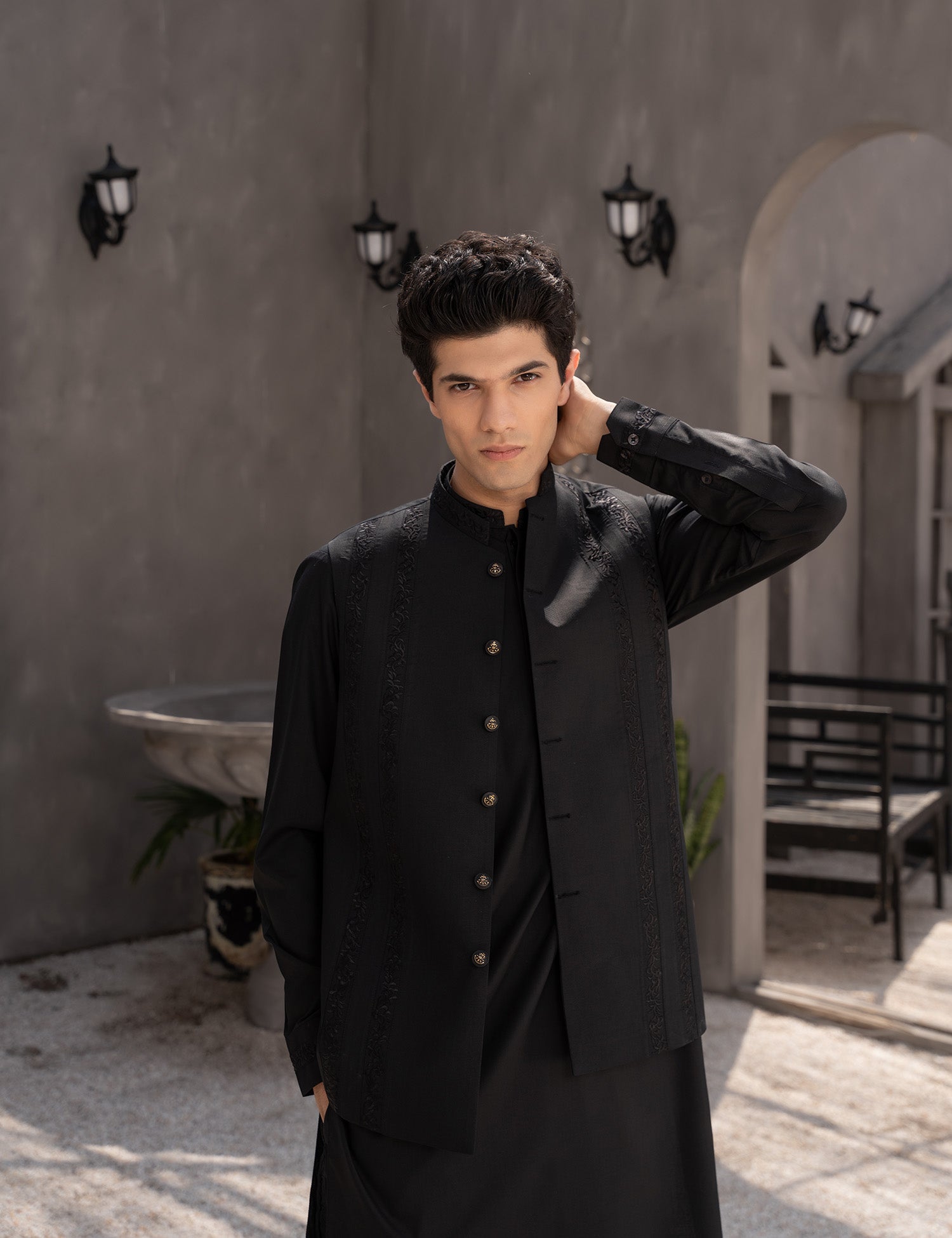 Black Embroidered Wash & Wear Waistcoat Kurta (3-Piece) - Image 4