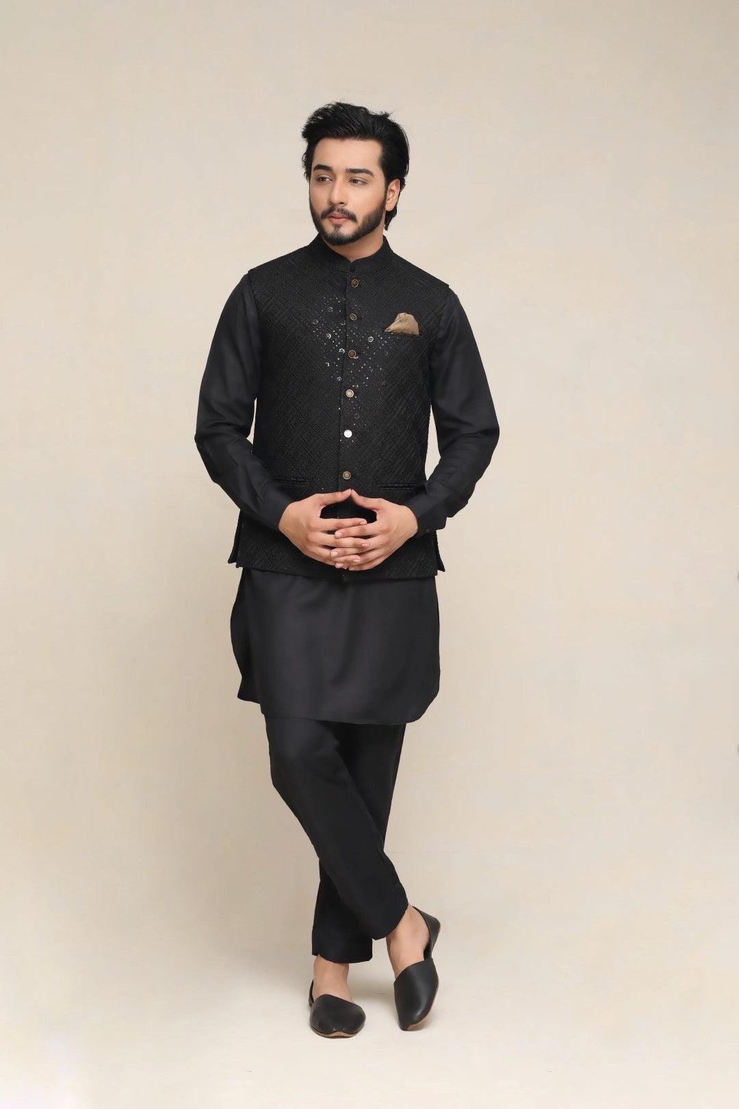 Black Sequin Embroidered Waistcoat Kurta Set (3-Piece) - Image 1