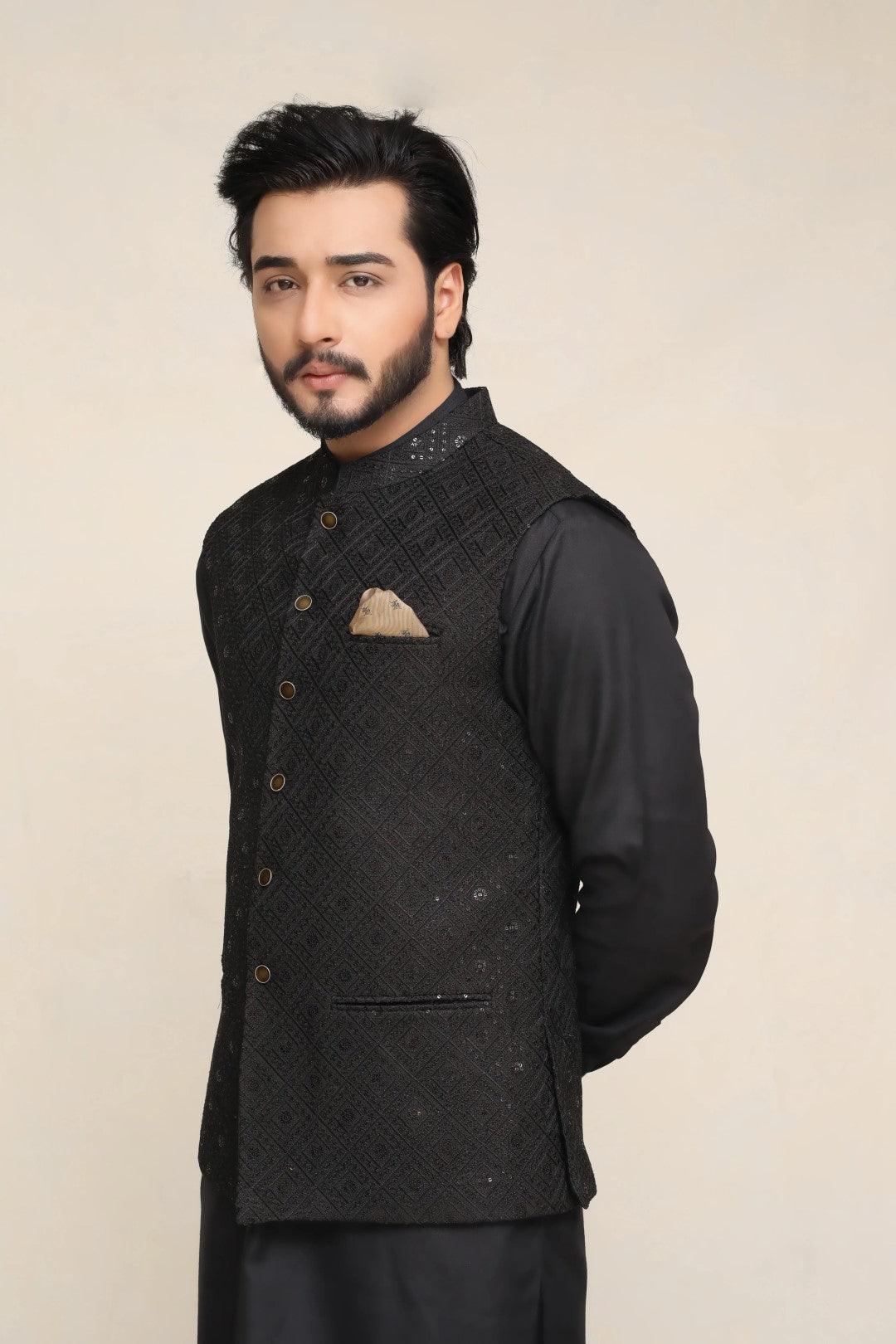 Black Sequin Embroidered Waistcoat Kurta (3-Piece) - Image 2