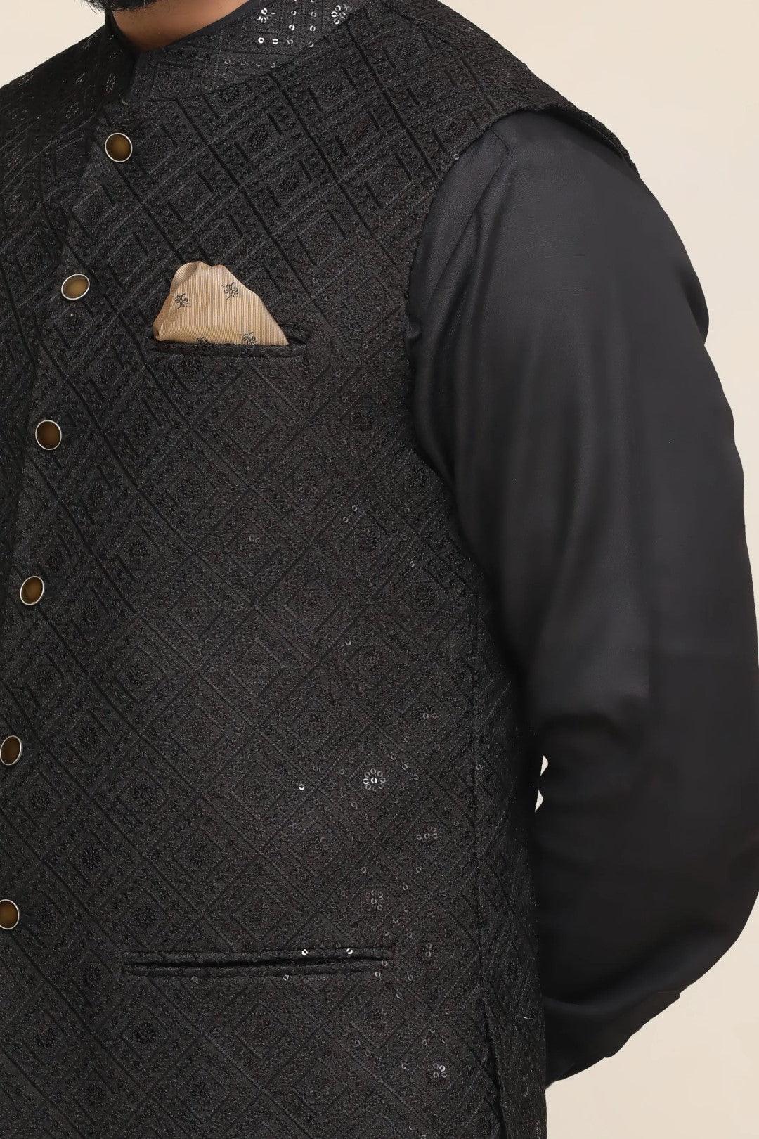 Black Sequin Embroidered Waistcoat Kurta (3-Piece) - Image 3