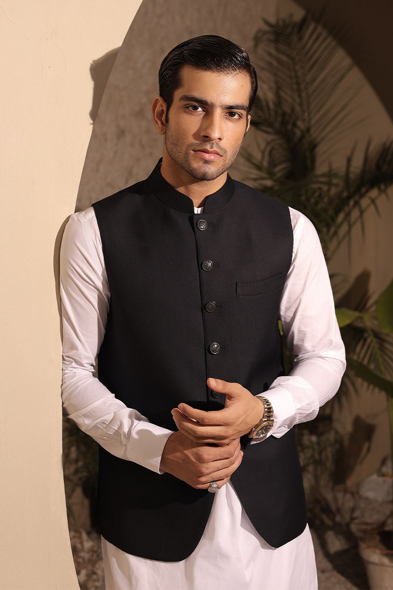 Black Hemstitched Suiting Awami Waistcoat (1-Pc) - Image 2