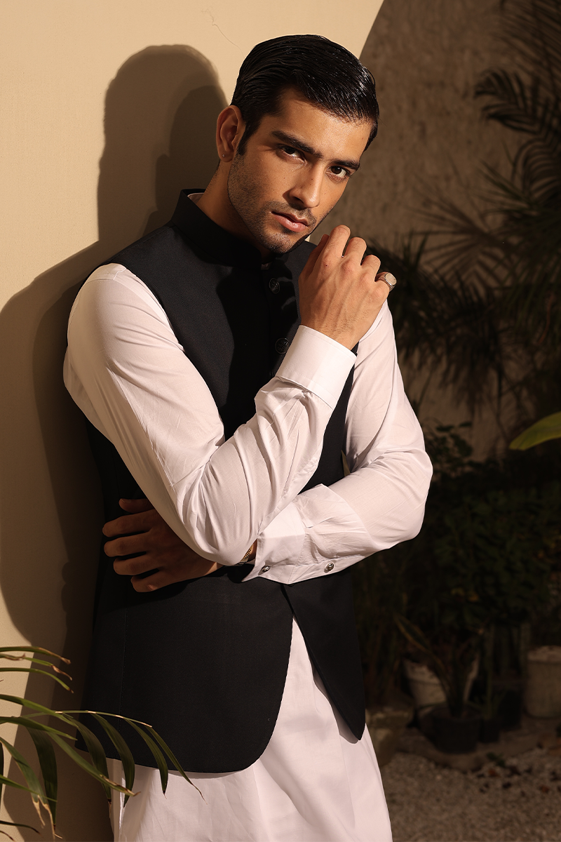 Black Hemstitched Suiting Awami Waistcoat (1-Pc) - Image 3