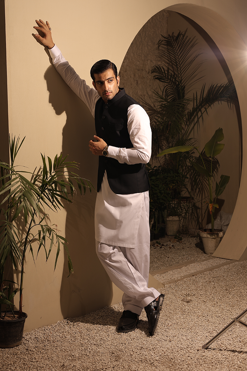 Black Hemstitched Suiting Awami Waistcoat (1-Pc) - Image 4
