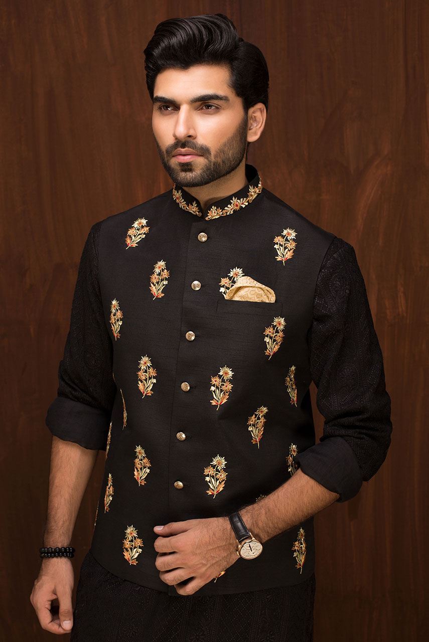 Black Embroidered Raw Silk Waistcoat (1-Pc) - Image 1