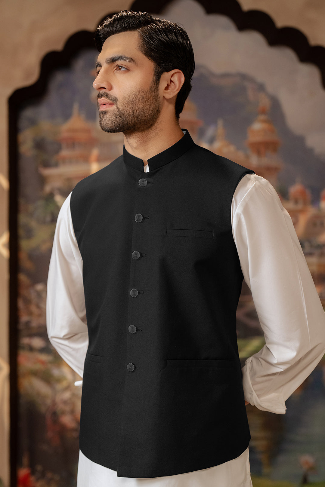 Black Suiting Fabric Men's Waistcoat (1-Pc) - Image 2