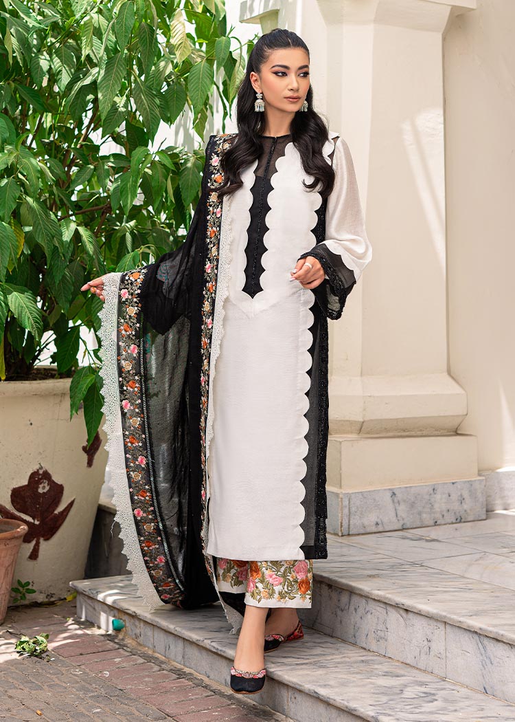 Black & White Embroidered Organza Cotton Net Salwar Kameez (3-Piece) - Image 7