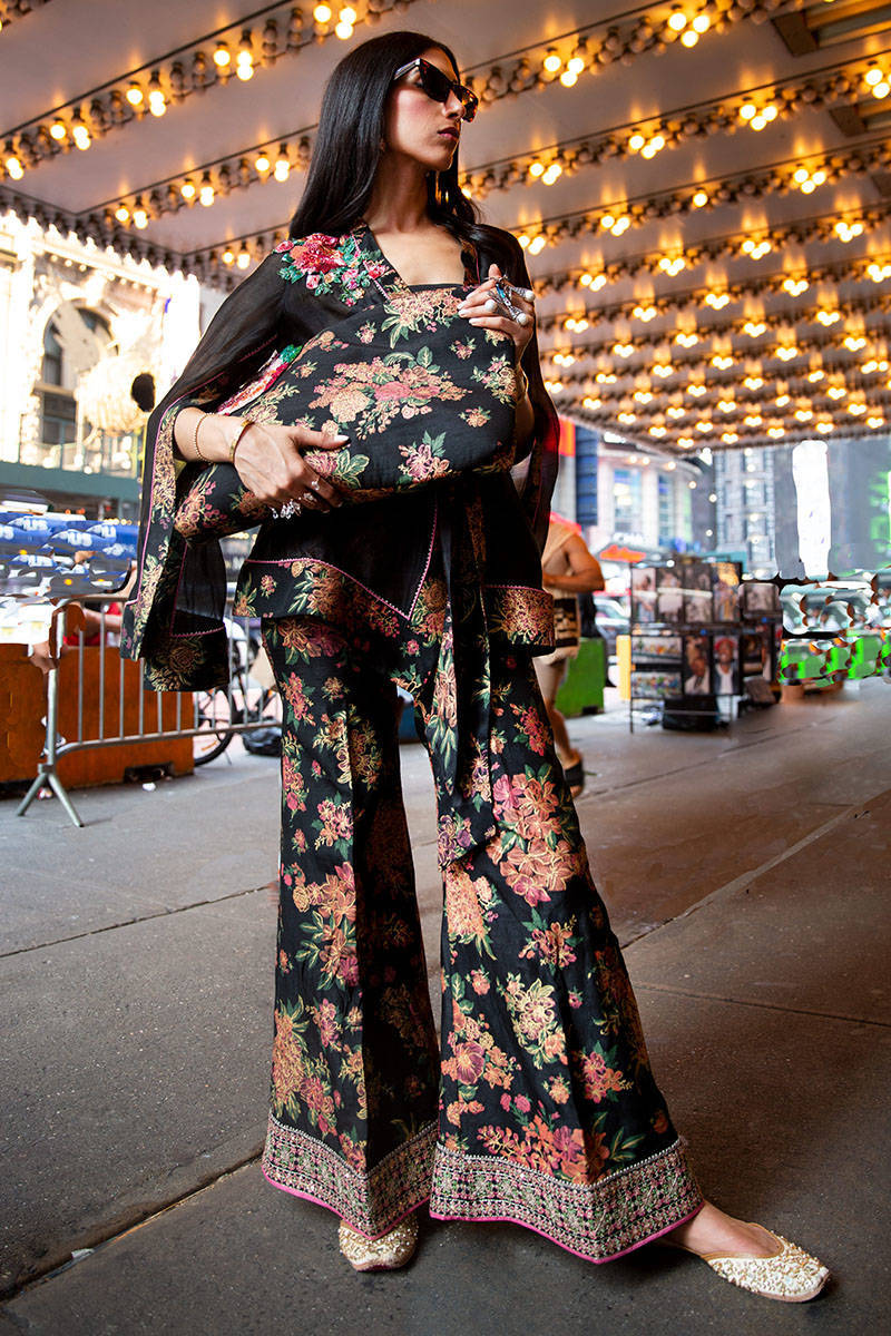 Black Embroidered Chiffon Jacquard Wrap Set (3-Piece) - Image 1