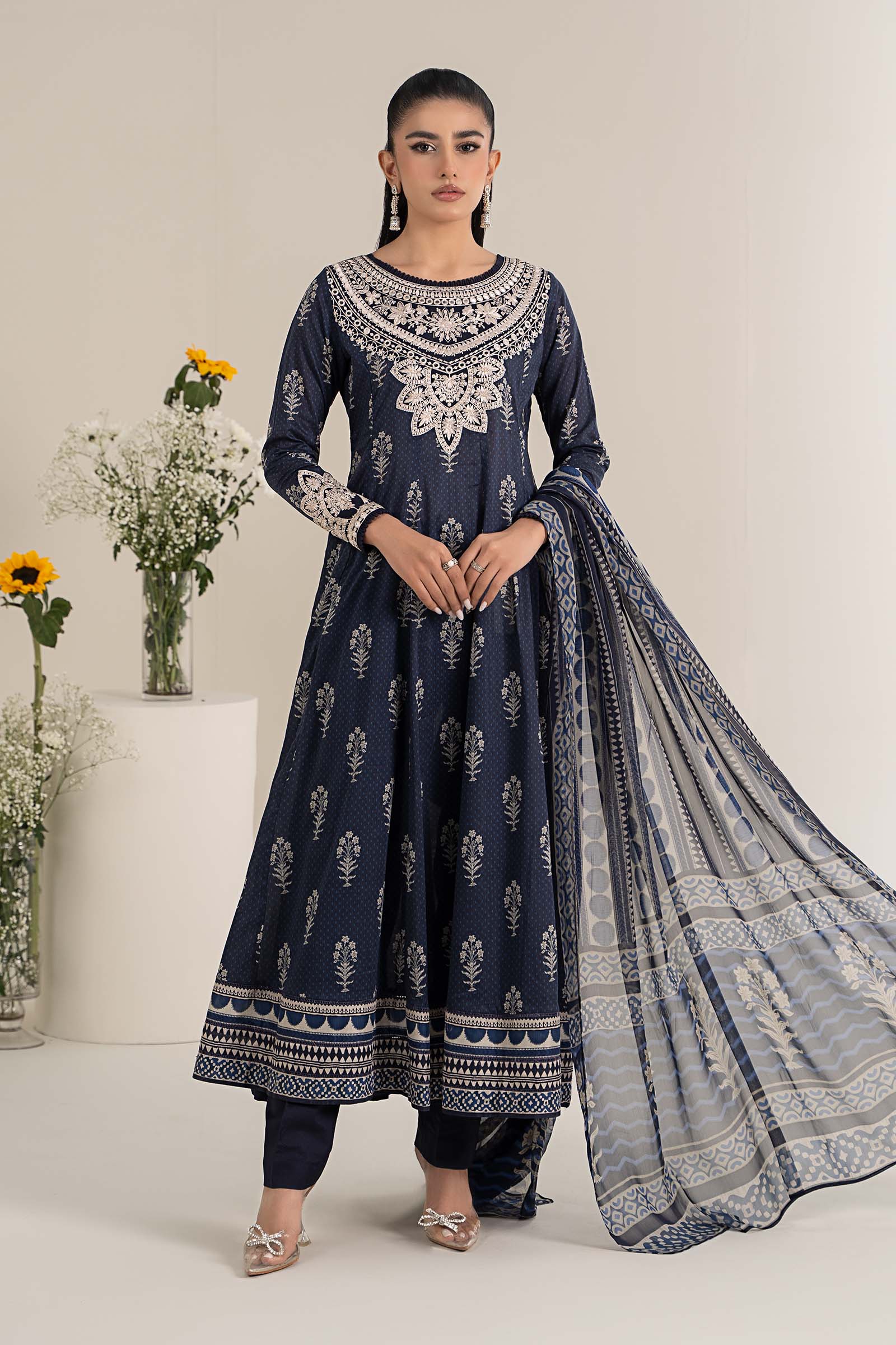 Navy Blue Embroidered Lawn Anarkali Dress (3-Piece) - Image 1