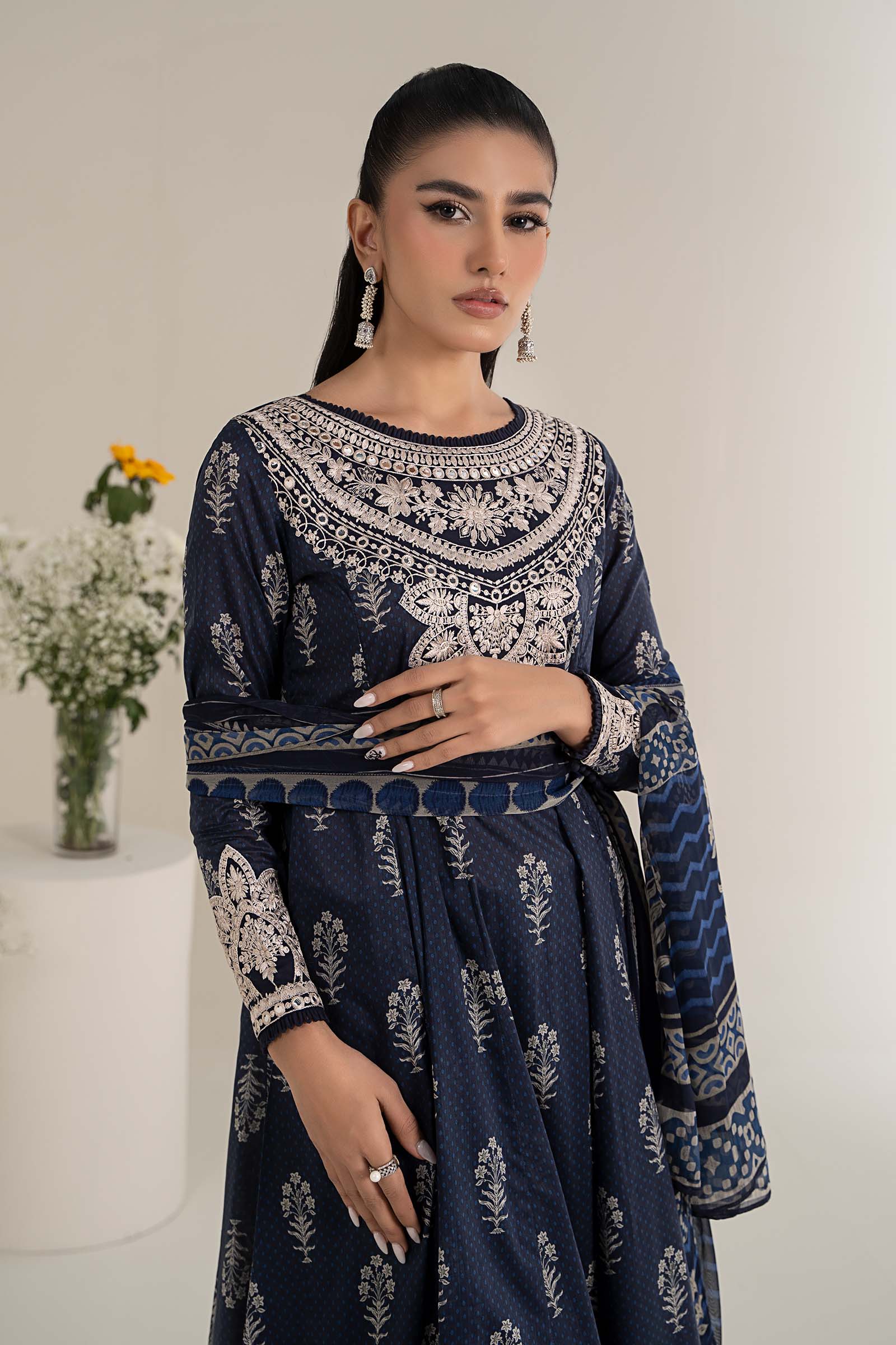 Navy Blue Embroidered Lawn Anarkali Dress (3-Piece) - Image 2