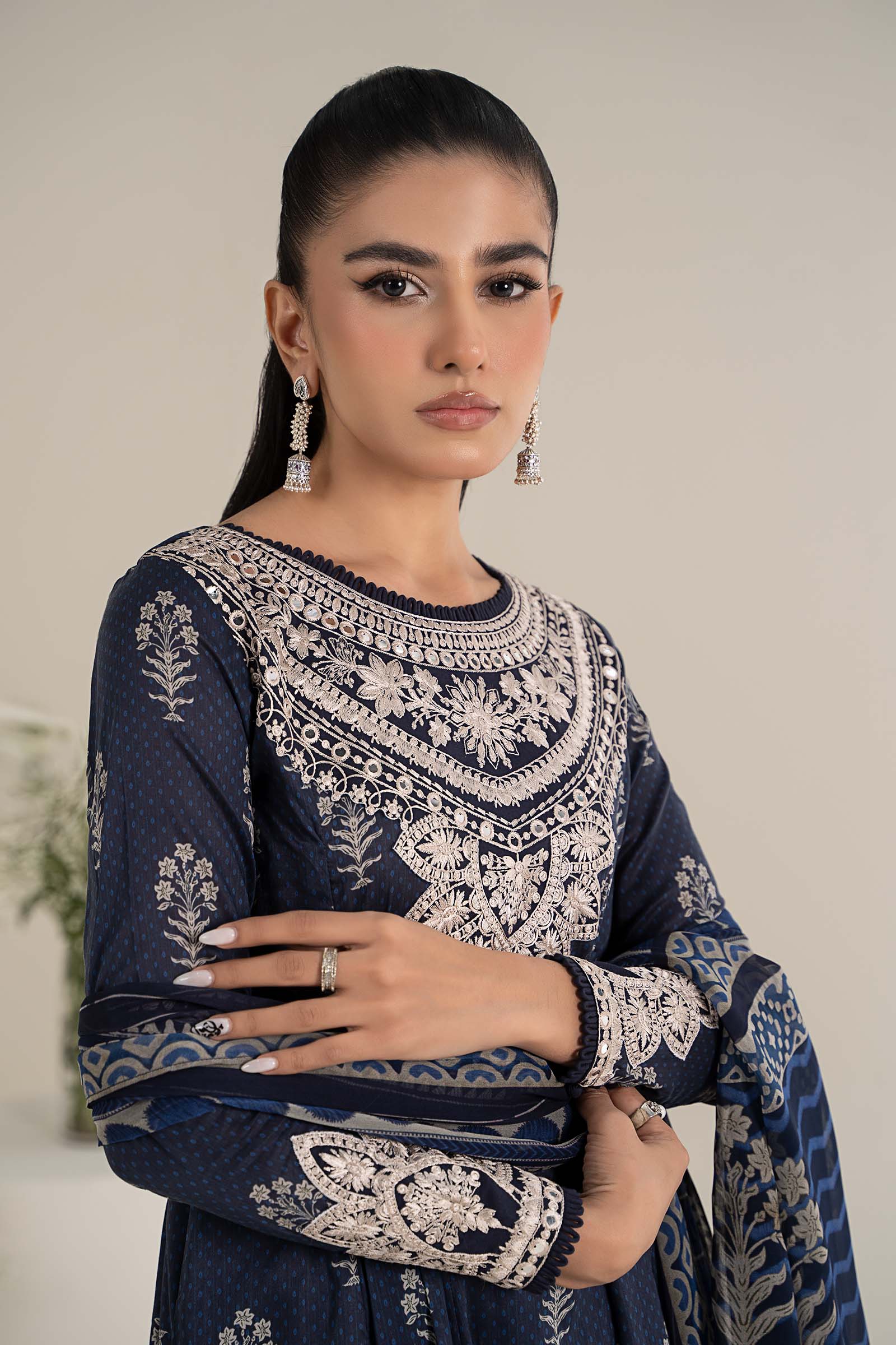 Navy Blue Embroidered Lawn Anarkali Dress (3-Piece) - Image 3