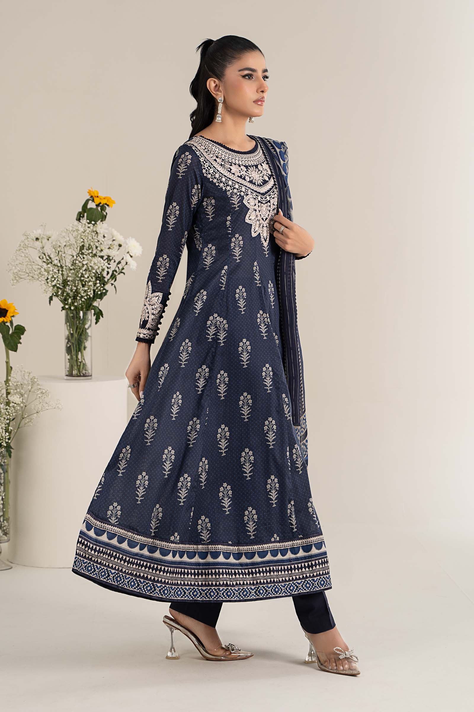 Navy Blue Embroidered Lawn Anarkali Dress (3-Piece) - Image 4