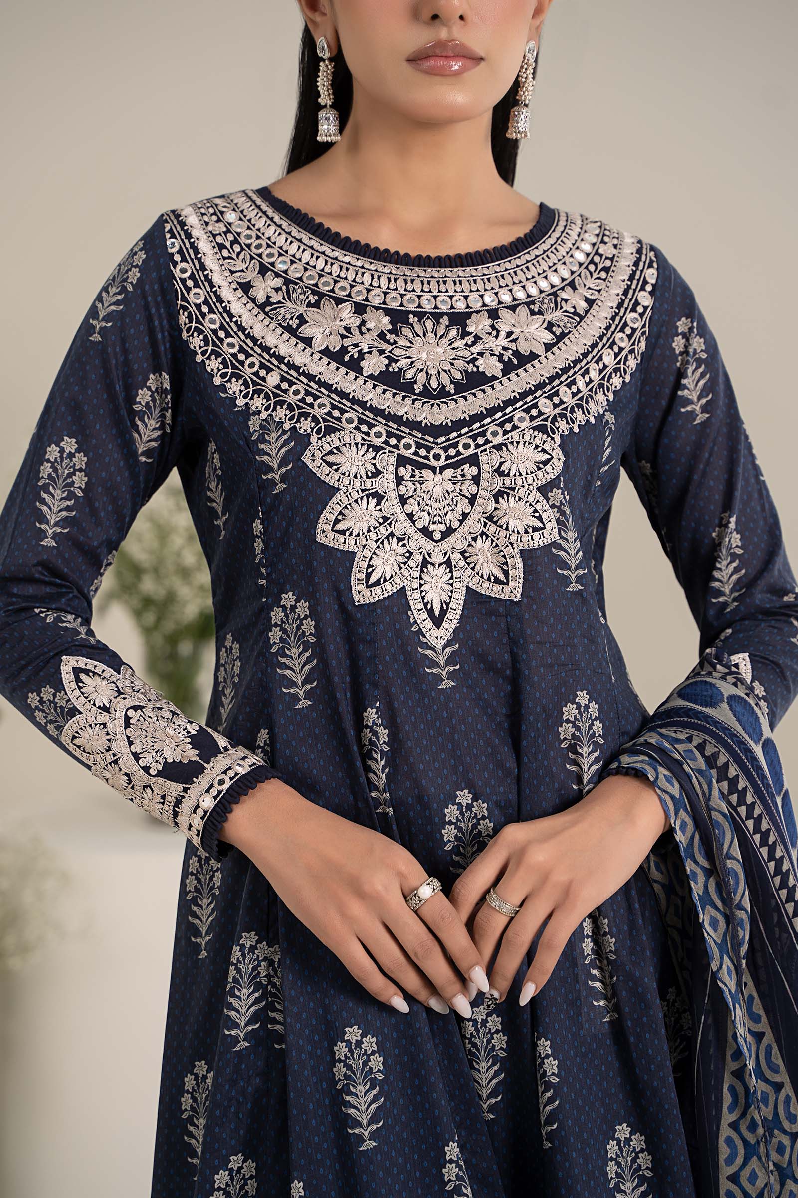 Navy Blue Embroidered Lawn Anarkali Dress (3-Piece) - Image 5