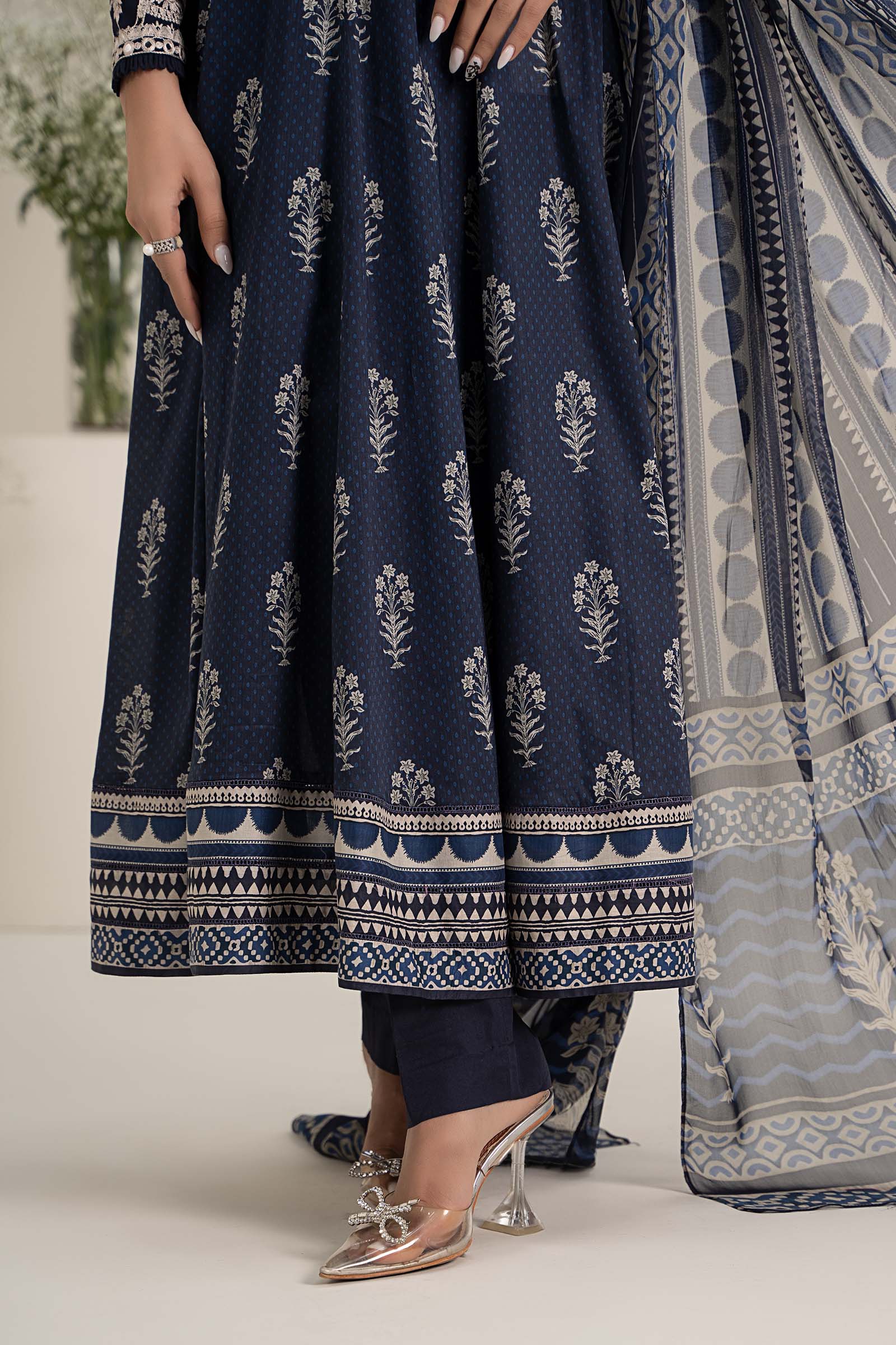 Navy Blue Embroidered Lawn Anarkali Dress (3-Piece) - Image 6