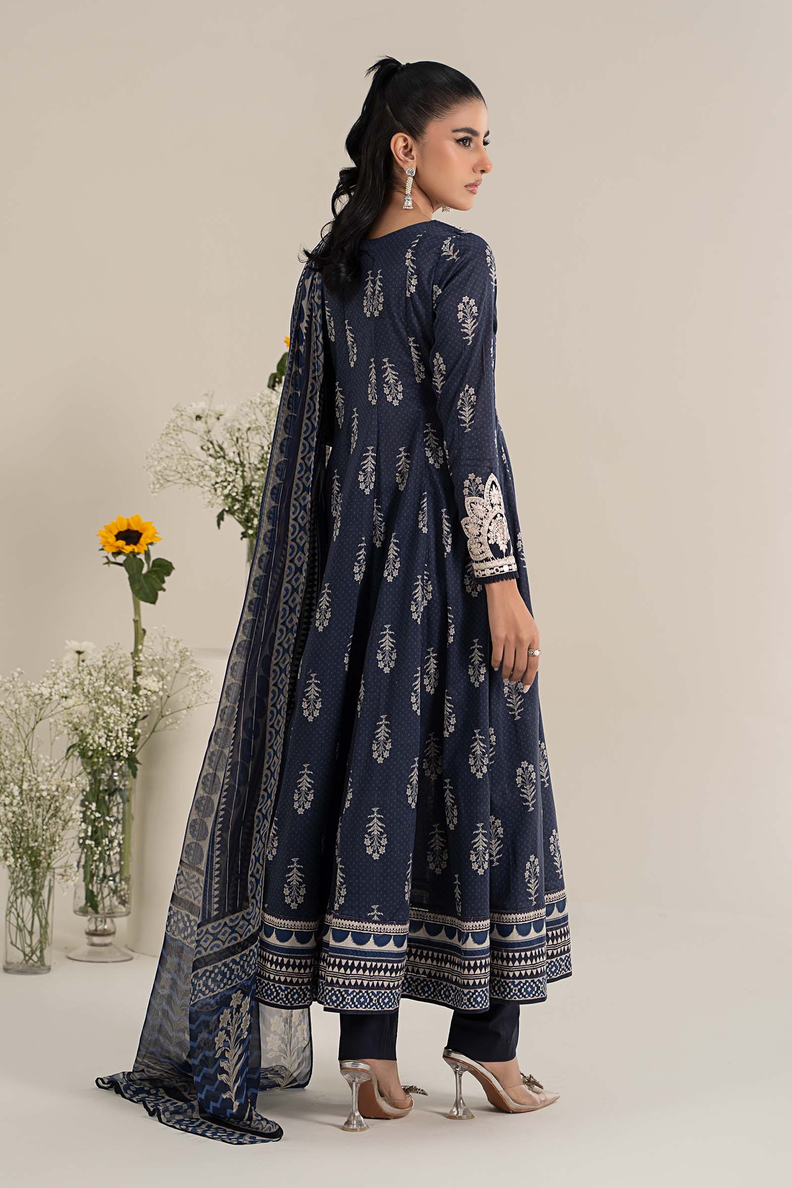 Navy Blue Embroidered Lawn Anarkali Dress (3-Piece) - Image 7