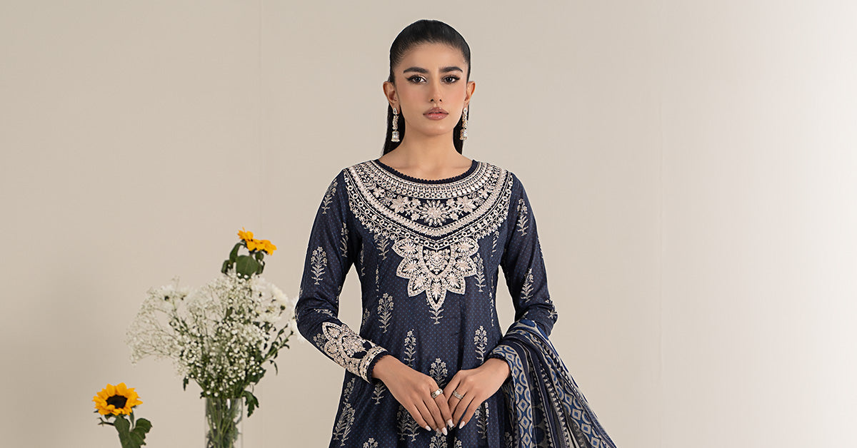 Navy Blue Embroidered Lawn Anarkali Dress (3-Piece) - Image 8