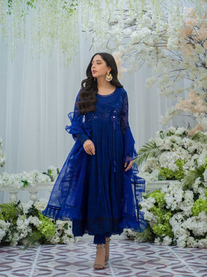 Pakistani Royal Blue Embroidered Chiffon Angharka (3-Piece) - Image 1