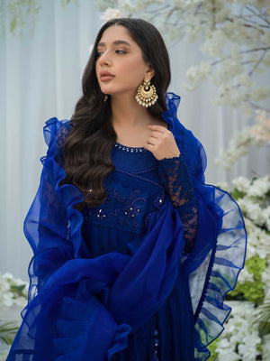 Pakistani Royal Blue Embroidered Chiffon Angharka (3-Piece) - Image 2