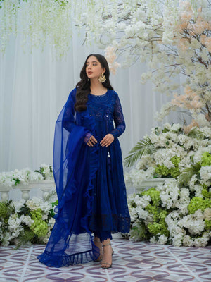 Pakistani Royal Blue Embroidered Chiffon Angharka (3-Piece) - Image 3
