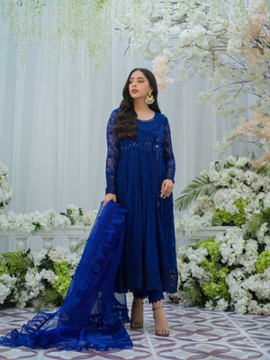 Pakistani Royal Blue Embroidered Chiffon Angharka (3-Piece) - Image 4