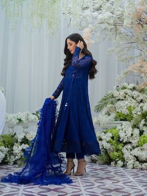 Pakistani Royal Blue Embroidered Chiffon Angharka (3-Piece) - Image 5