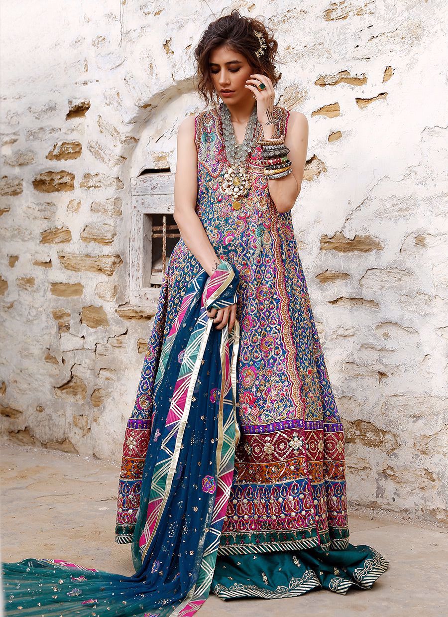 Blue Multicolour Embroidered Georgette Angharkha (2-Piece) - Image 1