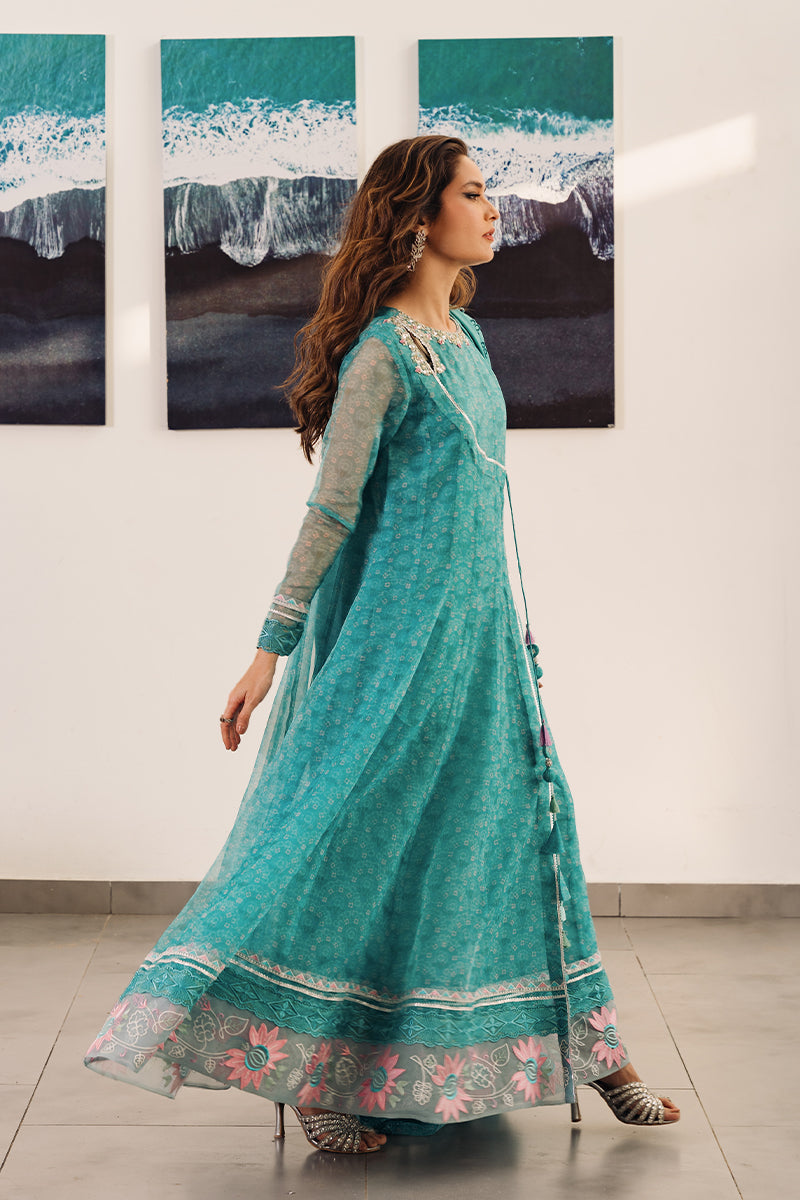 Aqua Blue Embroidered Organza Angrakha (3-Piece) - Image 3