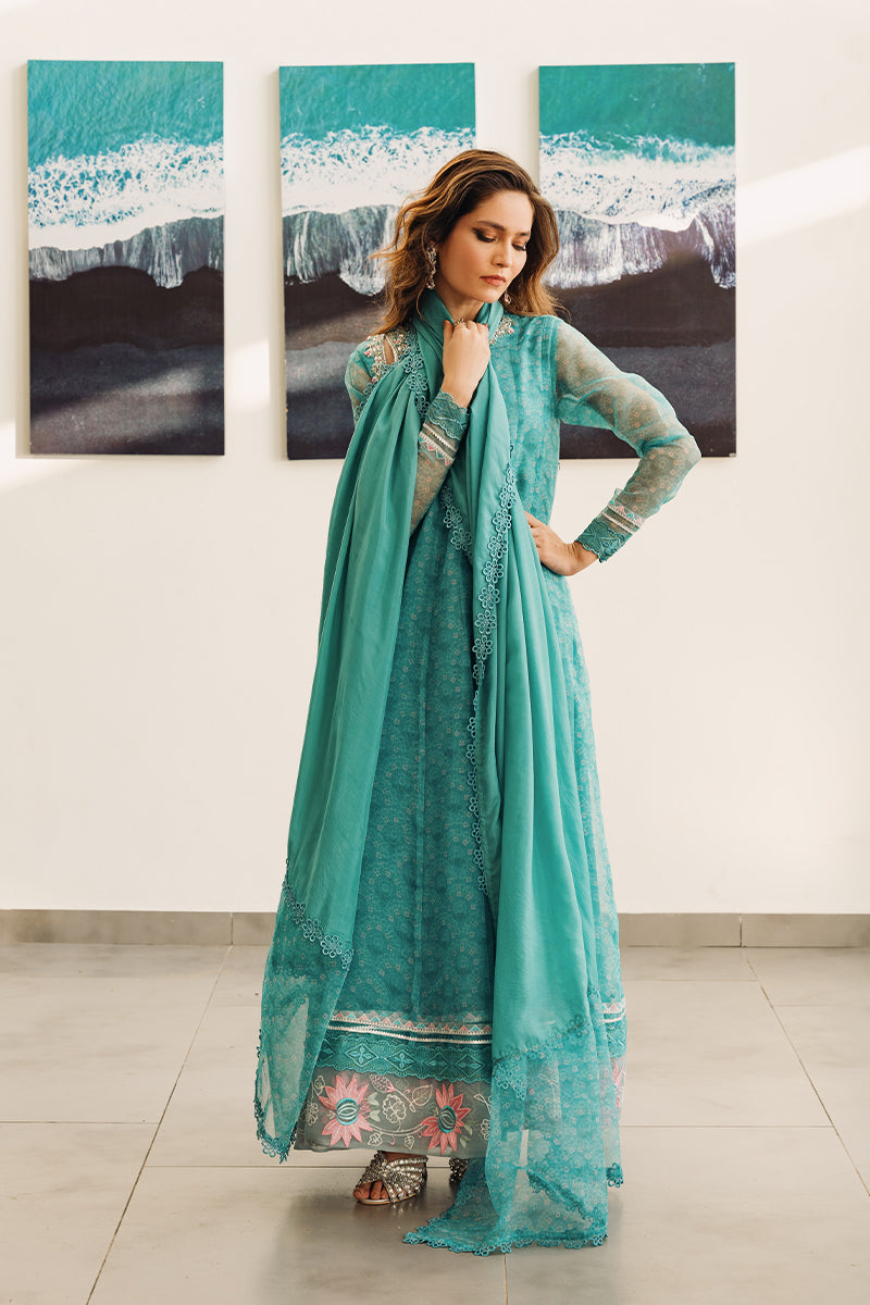 Aqua Blue Embroidered Organza Angrakha (3-Piece) - Image 6