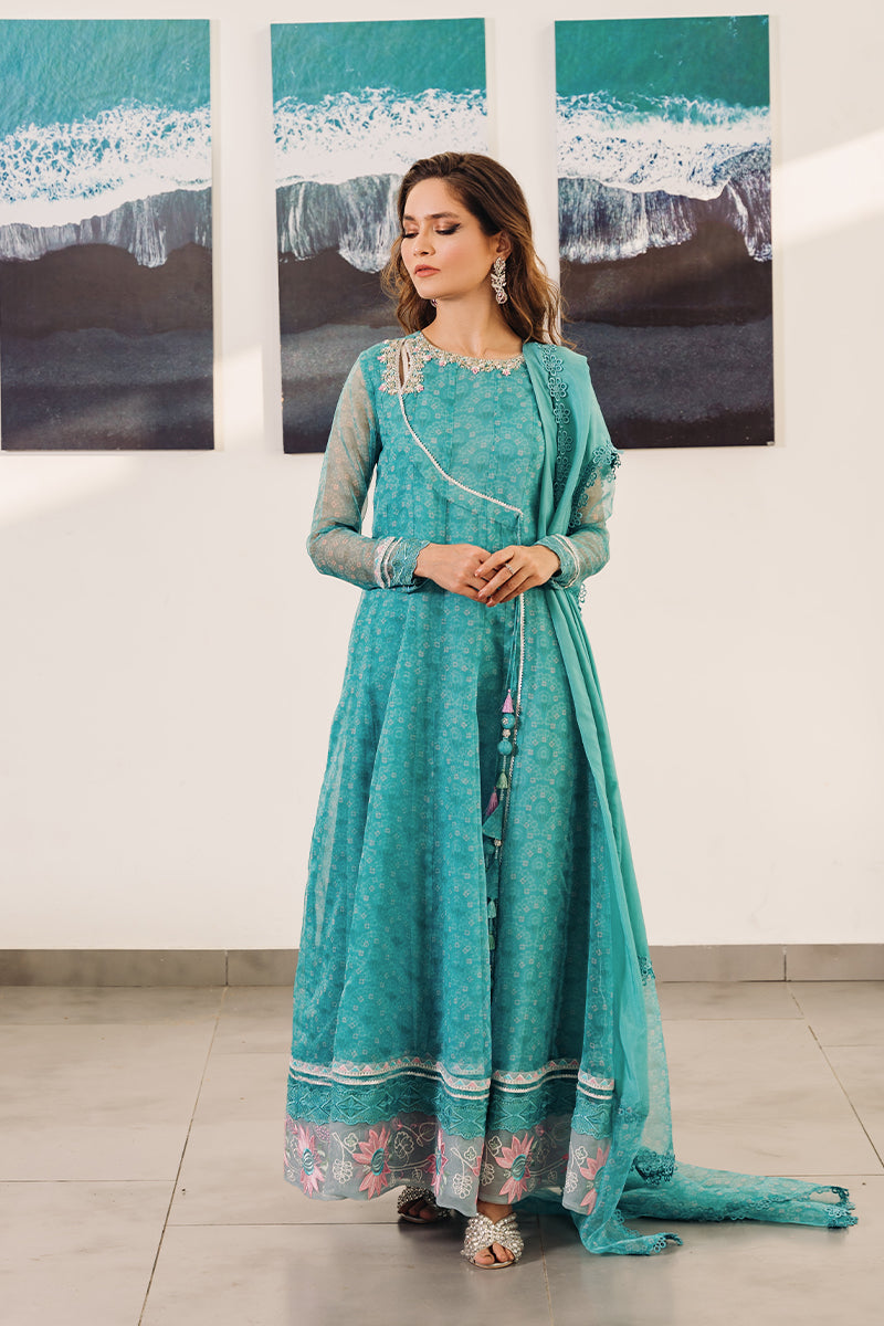 Aqua Blue Embroidered Organza Angrakha (3-Piece) - Image 1