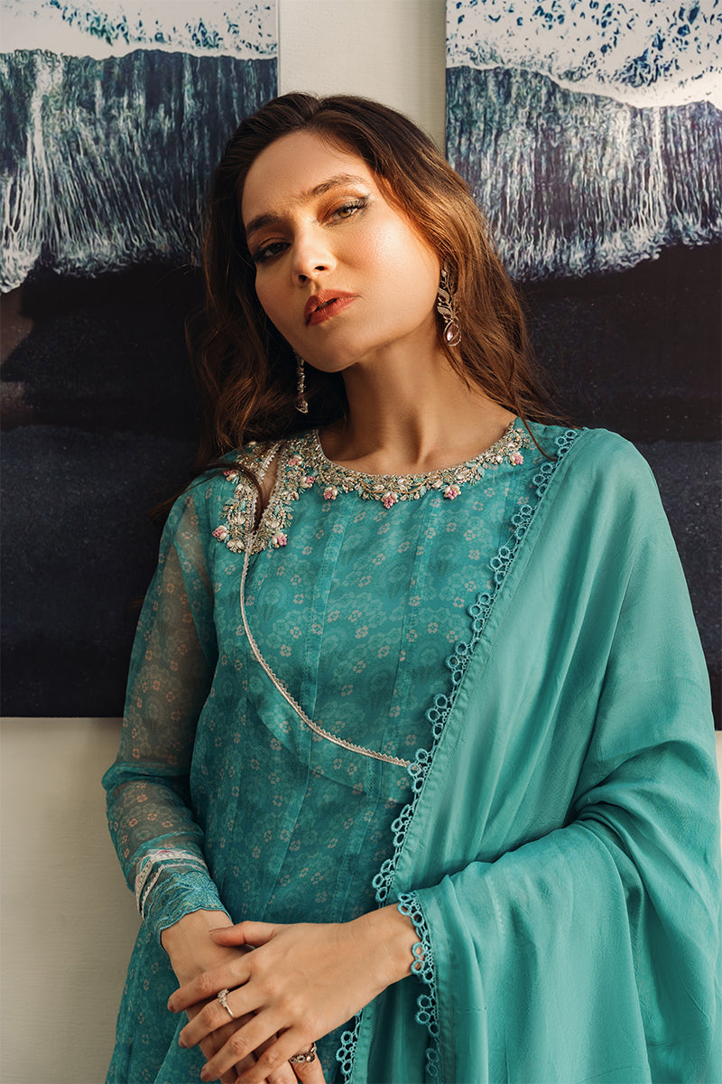 Aqua Blue Embroidered Organza Angrakha (3-Piece) - Image 2