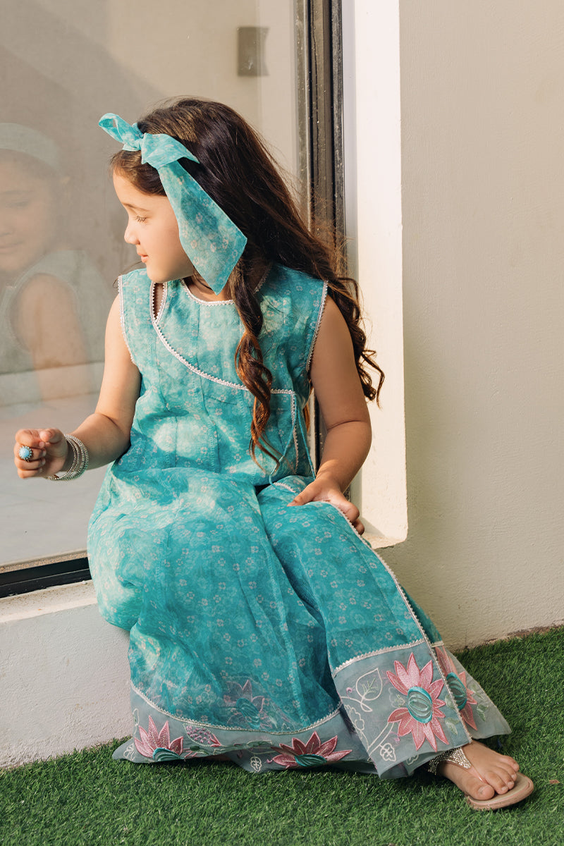 Pakistani Aqua Blue Embroidered Organza Angrakha (2-Piece) - Image 10