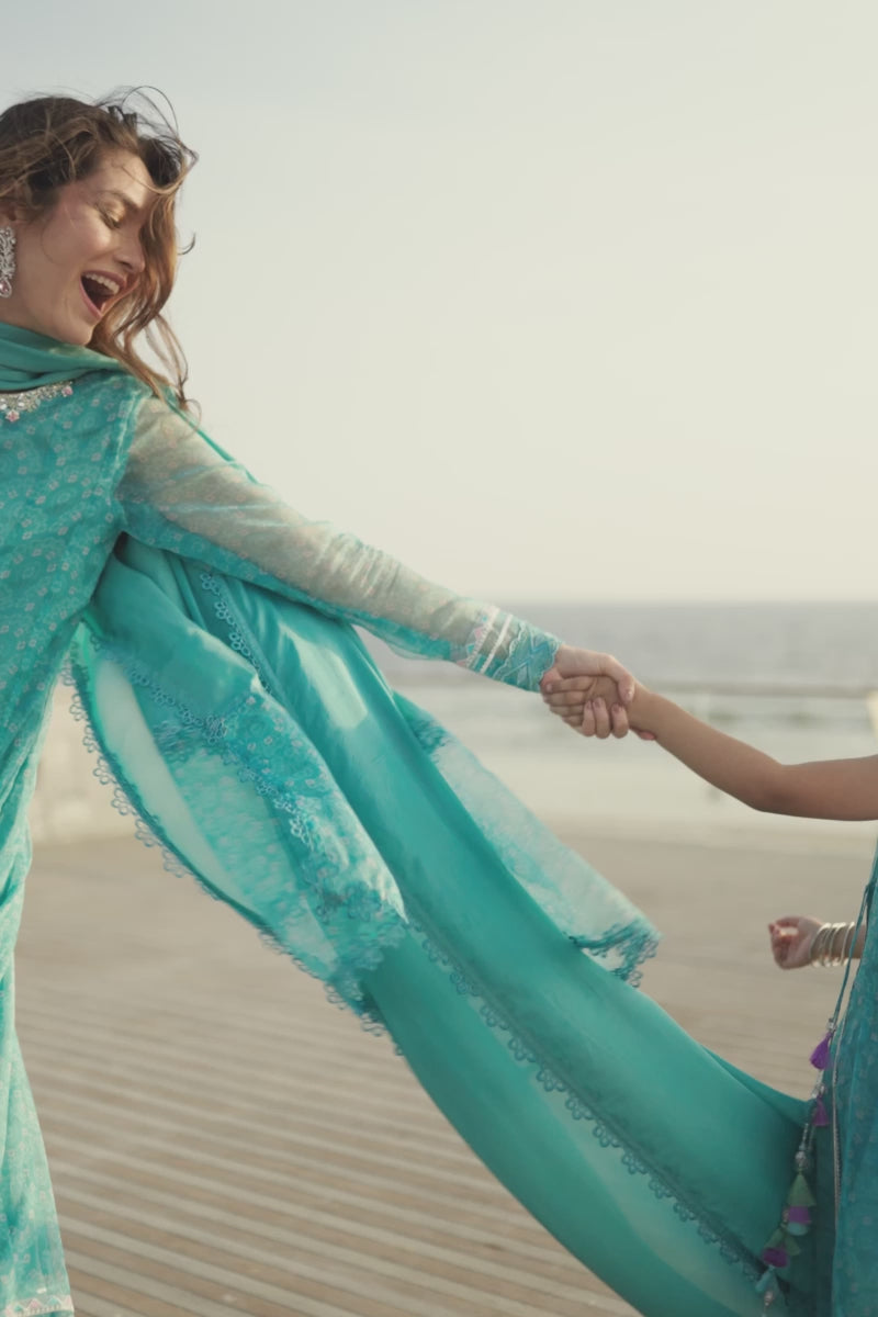 Pakistani Aqua Blue Embroidered Organza Angrakha (2-Piece) - Image 11