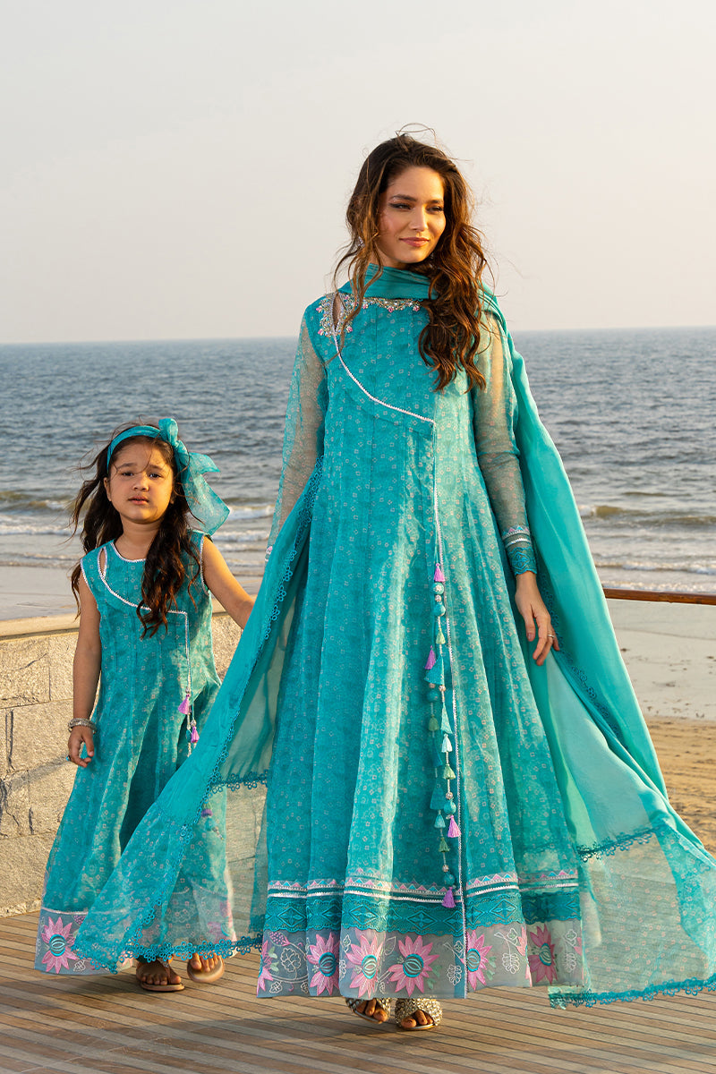Pakistani Aqua Blue Embroidered Organza Angrakha (2-Piece) - Image 6