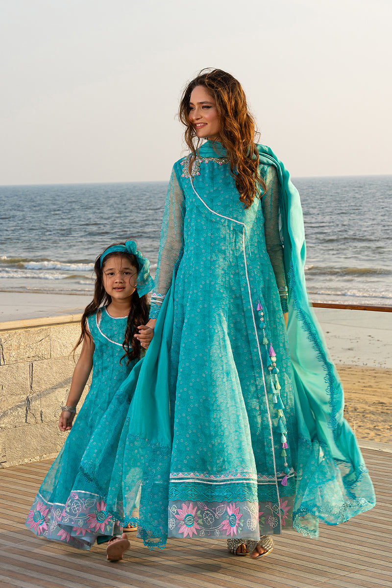 Pakistani Aqua Blue Embroidered Organza Angrakha (2-Piece) - Image 9