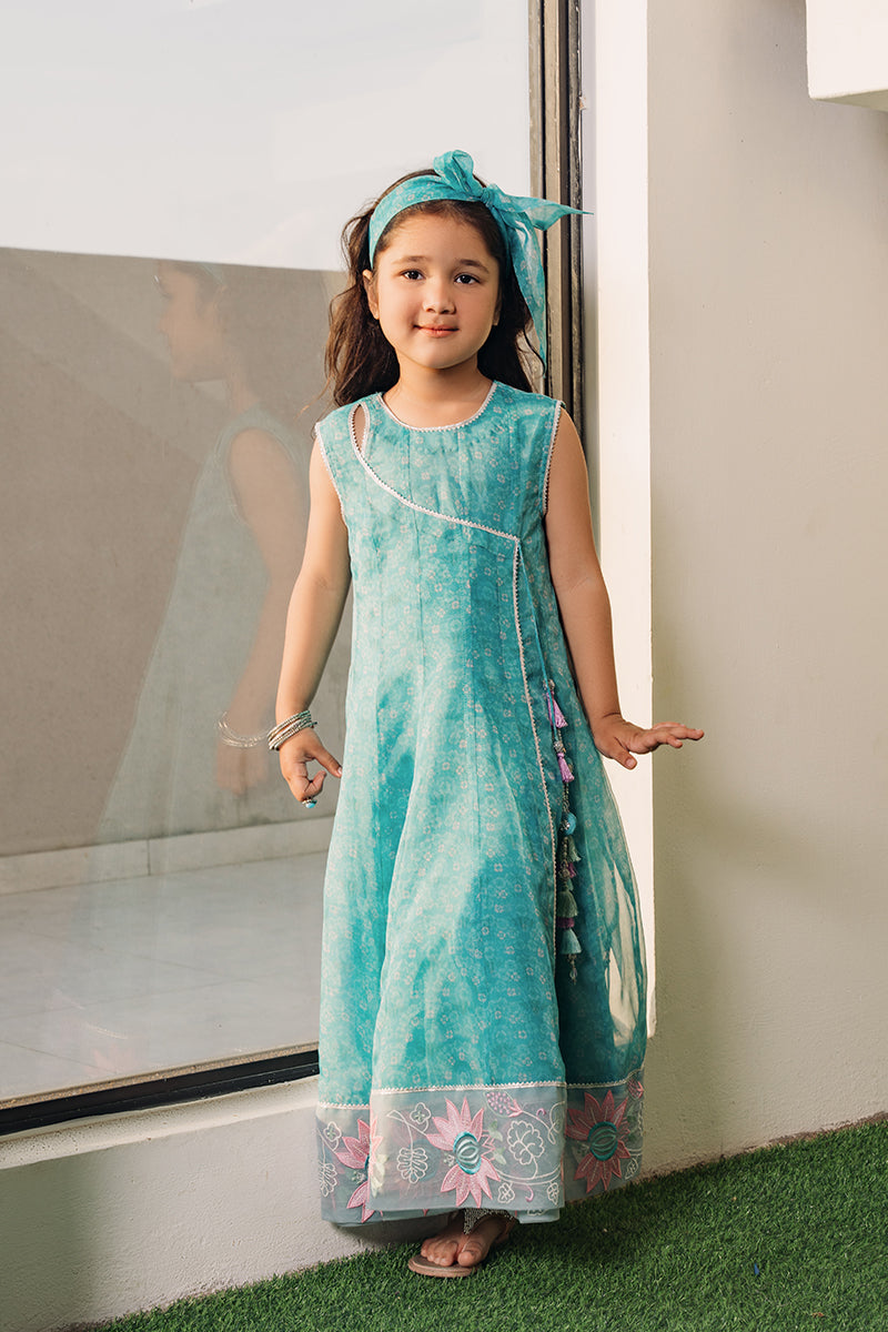 Pakistani Aqua Blue Embroidered Organza Angrakha (2-Piece) - Image 1