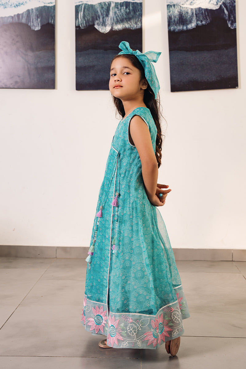 Pakistani Aqua Blue Embroidered Organza Angrakha (2-Piece) - Image 2