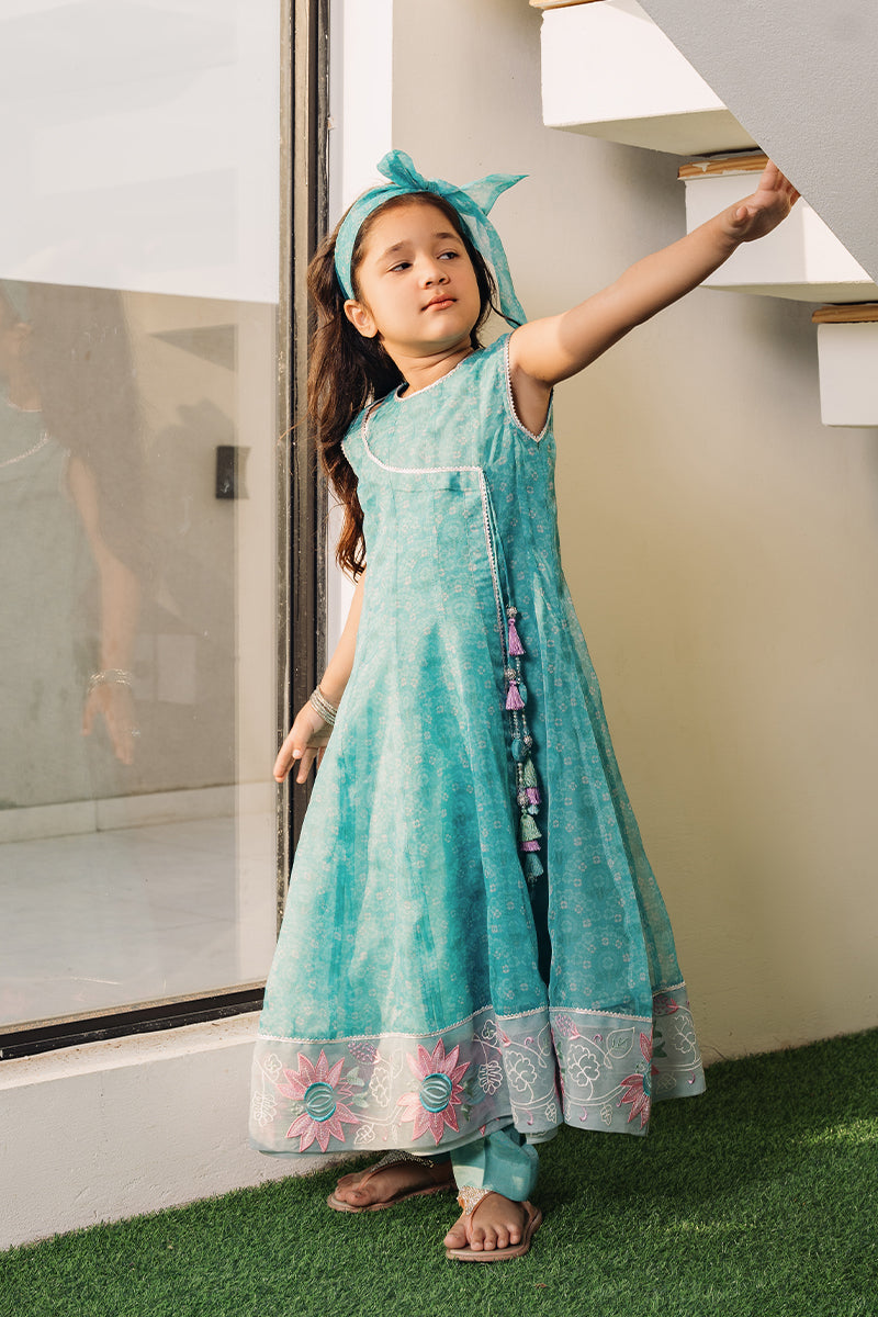Pakistani Aqua Blue Embroidered Organza Angrakha (2-Piece) - Image 3