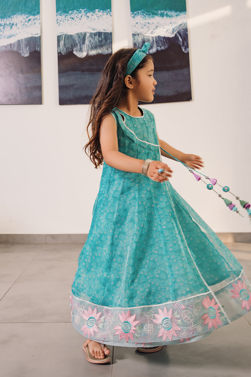 Pakistani Aqua Blue Embroidered Organza Angrakha (2-Piece) - Image 4