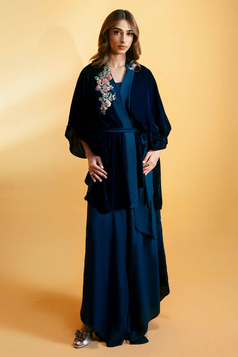 Pakistani Teal Blue Embroidered Velvet Wrap Angrakha (2-Piece) - Image 1