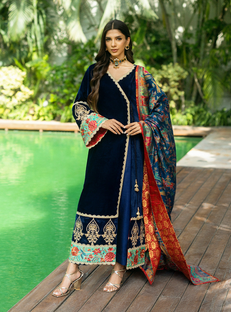 Pakistani Midnight Blue Embroidered Velvet Angrakha (3-Piece) - Image 1