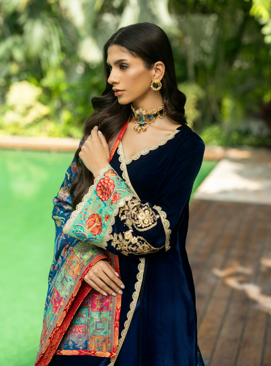 Pakistani Midnight Blue Embroidered Velvet Angrakha (3-Piece) - Image 10