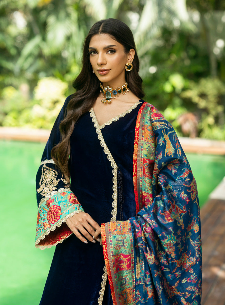 Pakistani Midnight Blue Embroidered Velvet Angrakha (3-Piece) - Image 2