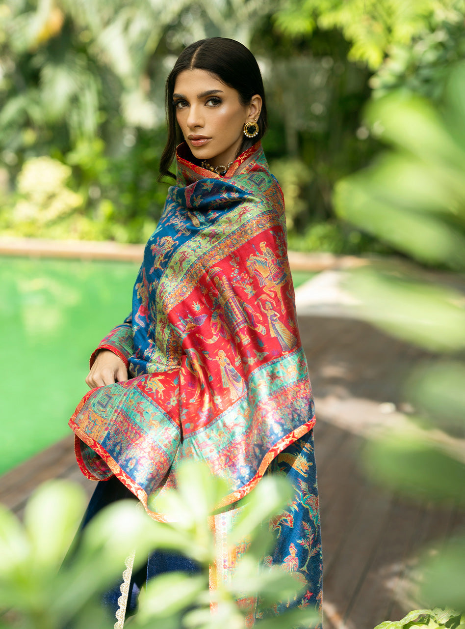 Pakistani Midnight Blue Embroidered Velvet Angrakha (3-Piece) - Image 3