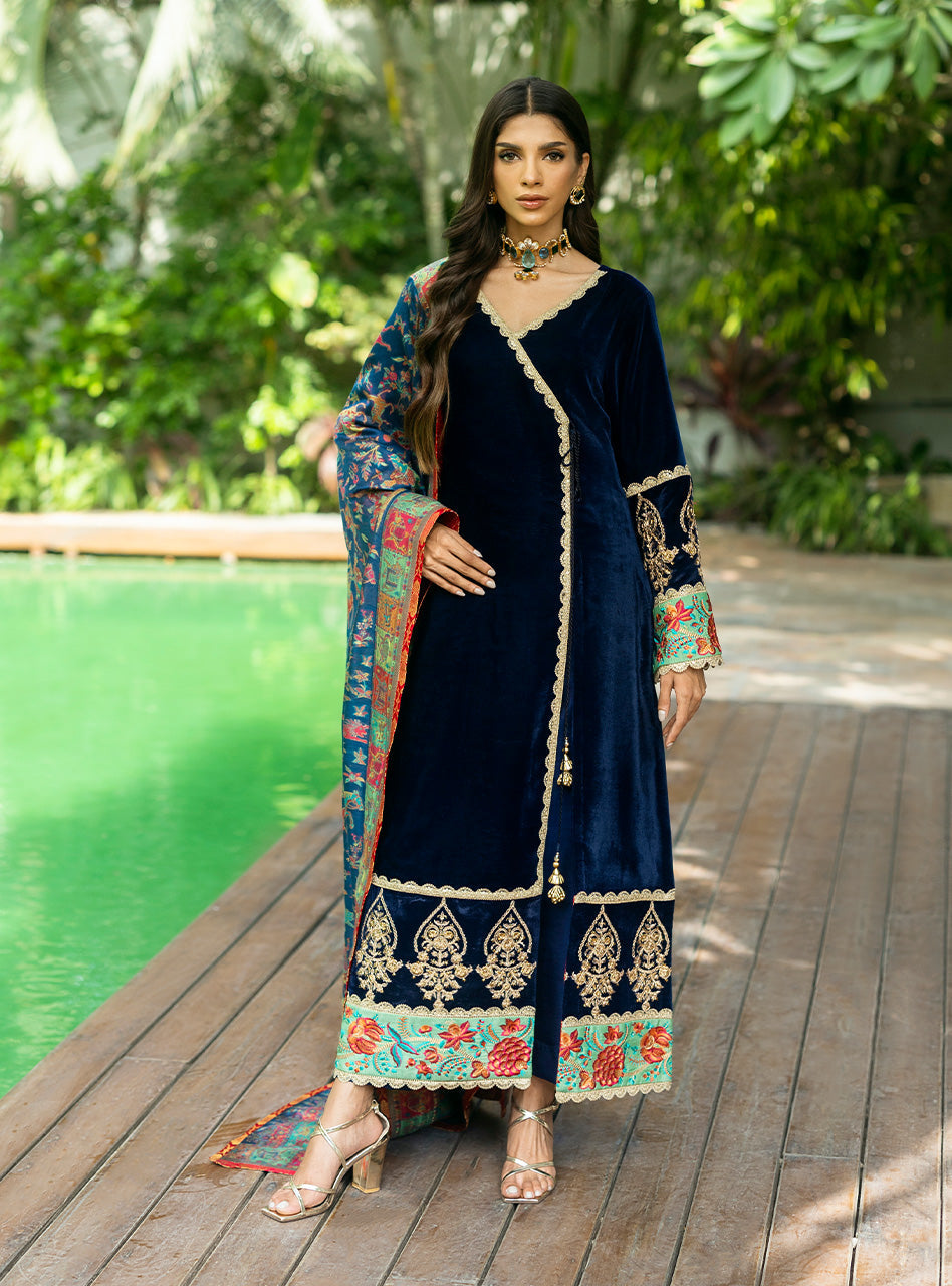 Pakistani Midnight Blue Embroidered Velvet Angrakha (3-Piece) - Image 5