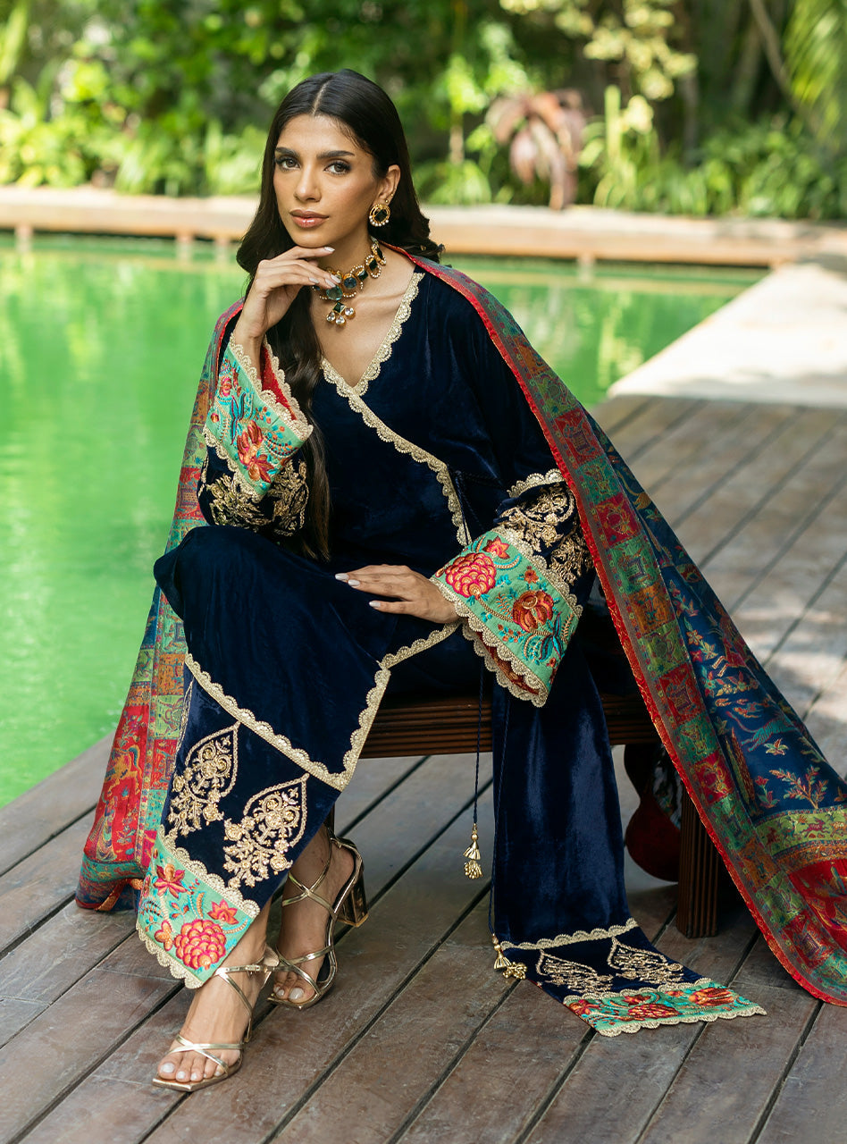 Pakistani Midnight Blue Embroidered Velvet Angrakha (3-Piece) - Image 6